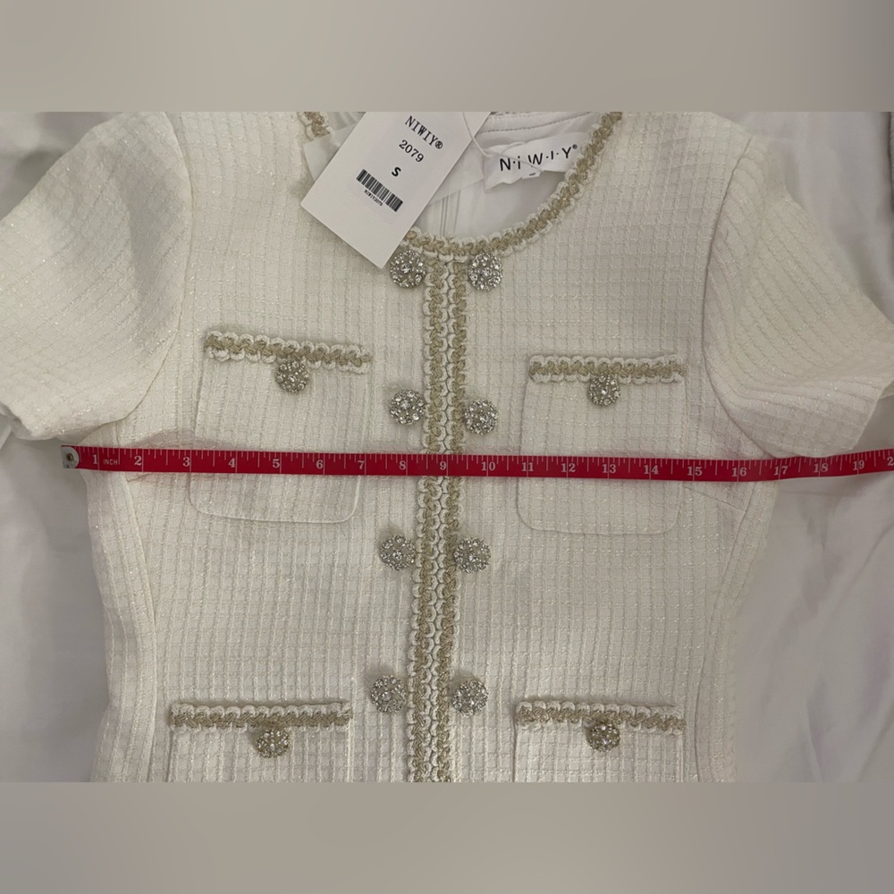 NIWIY White Tweed Rhinestone Mini Dress NWT Size S - Picture 9 of 11